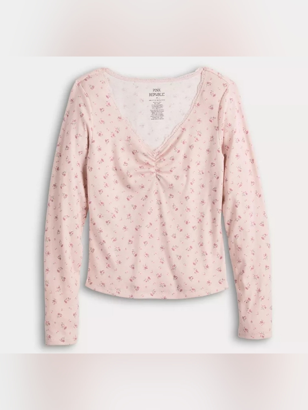 Pink Republic Long Sleeve Pink Floral Ruched V-Neck Women's Top Size XL - Picture 3 of 3